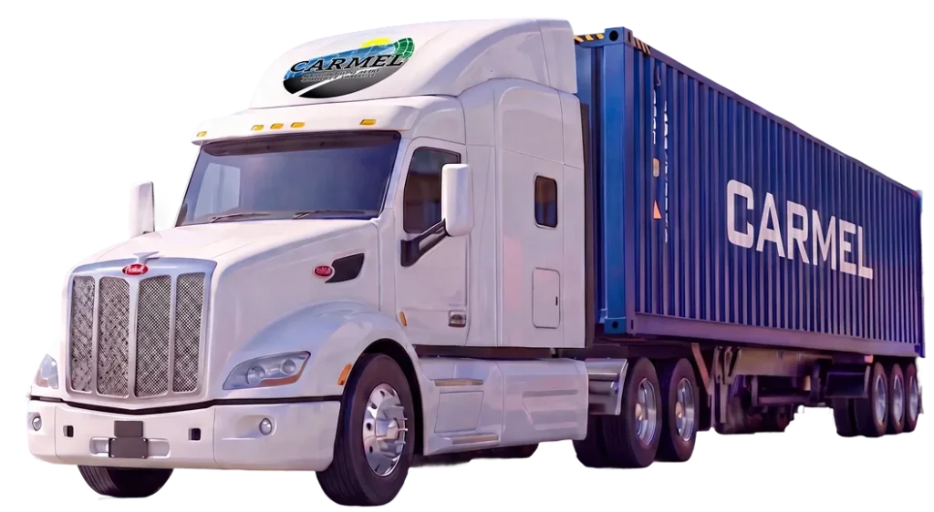Carmel Transport truck hauling a shipping container